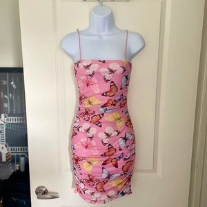 NWT Fashion Nova pink butterfly mesh ruched spaghetti strap dress